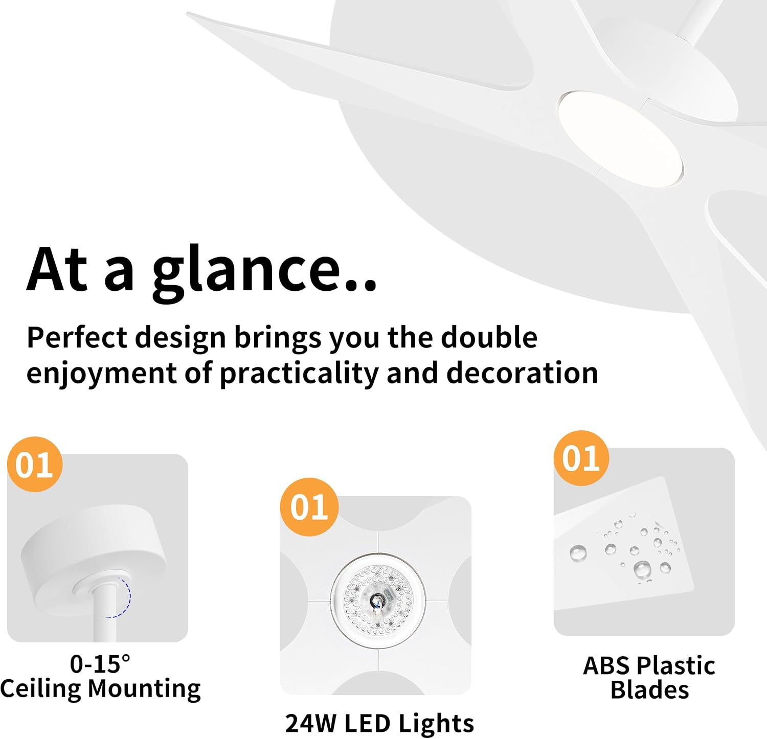 WINGBO 54' Wet Rated Outdoor Ceiling Fan with Lights, 4 ABS Plastic Blades, Reversible DC Motor, 6-Speed Remote Control, 3 CCT, Waterproof Ceiling Fan for Patio Porch Gazebo Garage, Gloss White