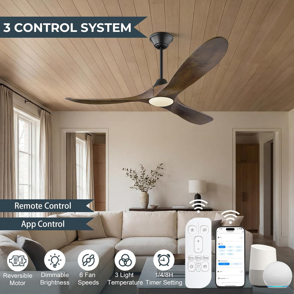 42 Inch Smart Ceiling Fan with Lights Remote, Alexa WIFI Voice Control, Low Profile Indoor/Outdoor Ceiling Fans for Patios Damp Rated, 3 Blades Wood Propeller DC Motor for Living Room,Bedroom,Porch
