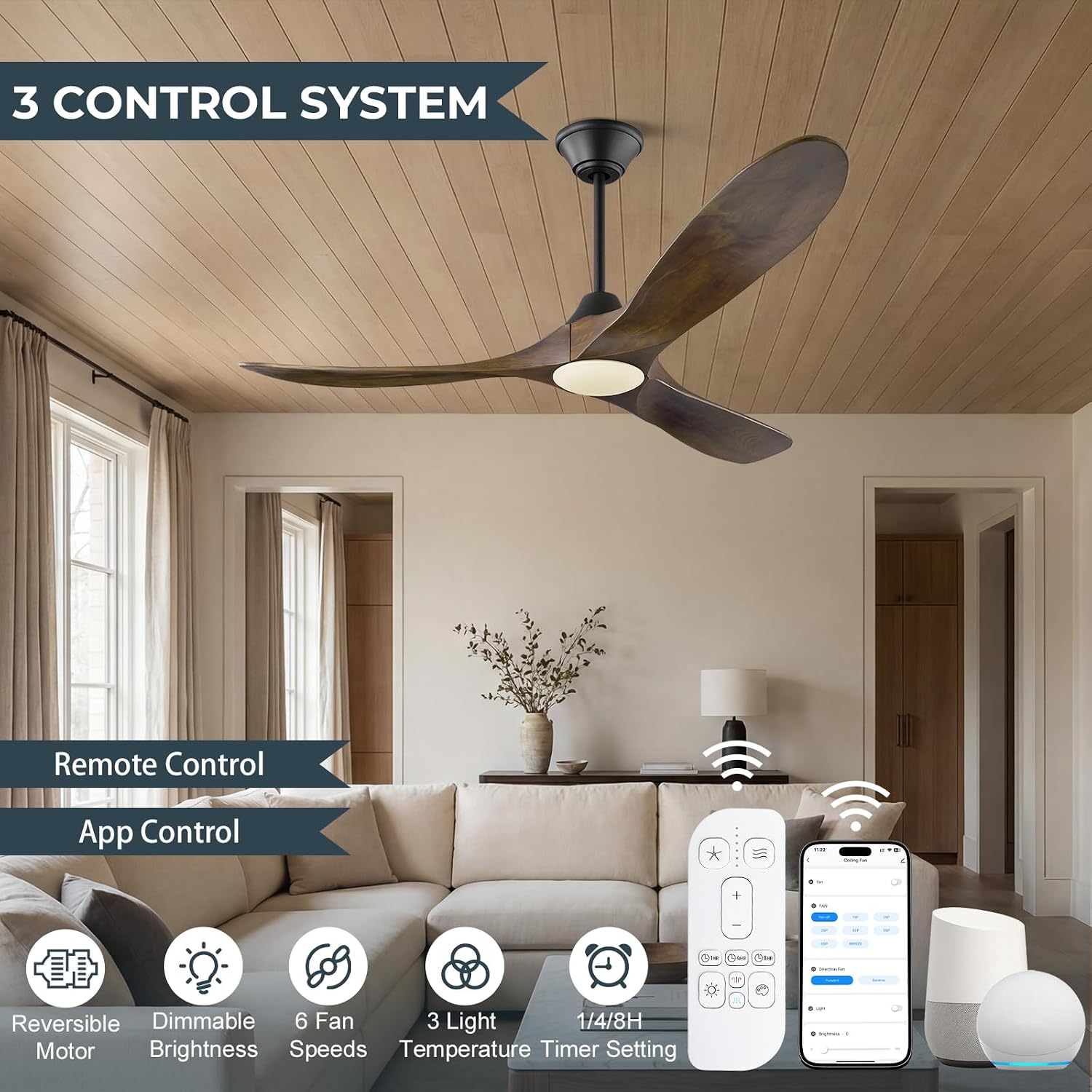 42 Inch Smart Ceiling Fan with Lights Remote, Alexa WIFI Voice Control, Low Profile Indoor/Outdoor Ceiling Fans for Patios Damp Rated, 3 Blades Wood Propeller DC Motor for Living Room,Bedroom,Porch