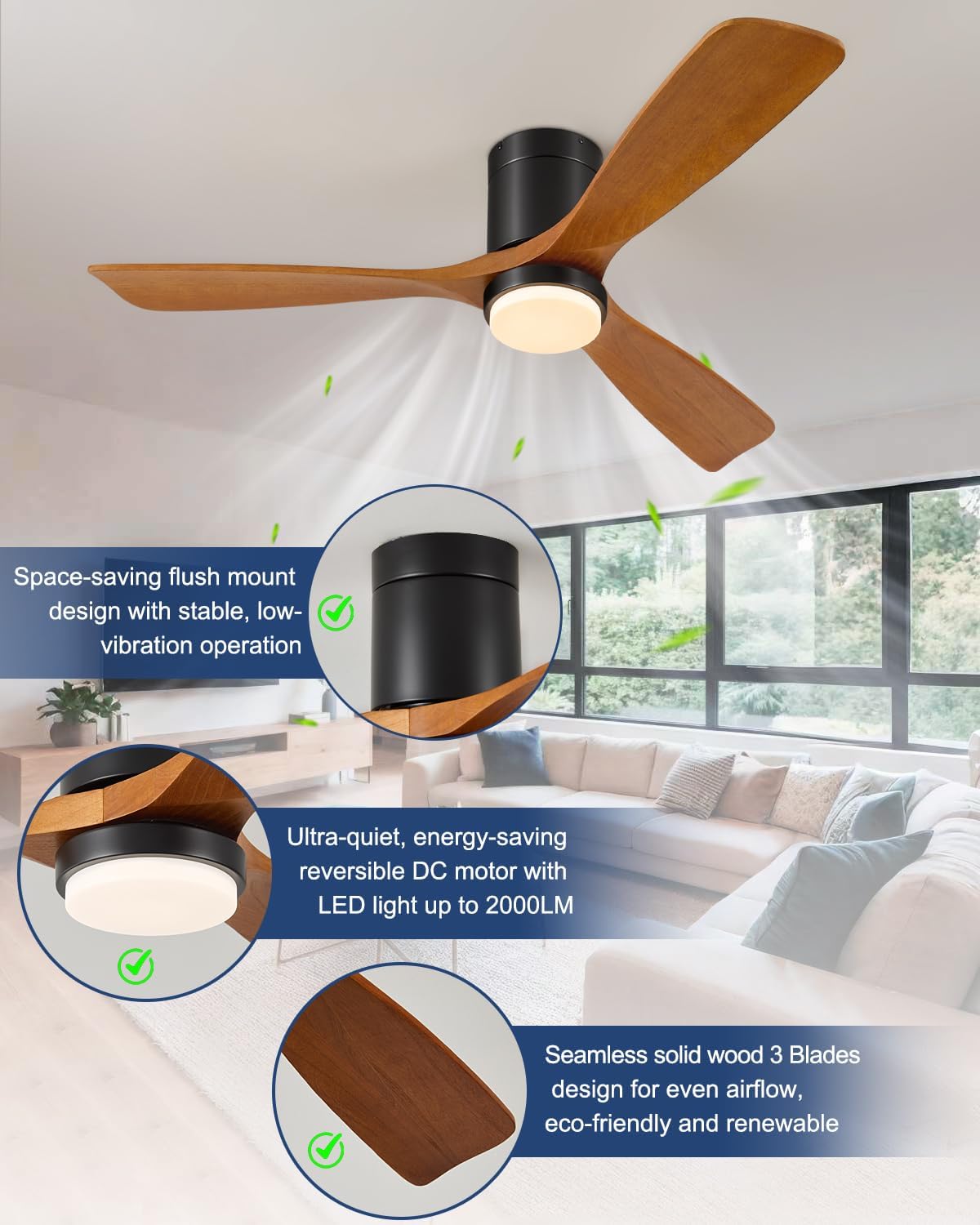 60 Inch Ceiling Fans with Lights Remote, 60' Flush Mount Outdoor Ceiling Fan Exterior, 3 Wood Blades, 6 Speeds, Timer, Quiet DC Motor Modern Low Profile Fan for Patio, 60in,Brown and Black