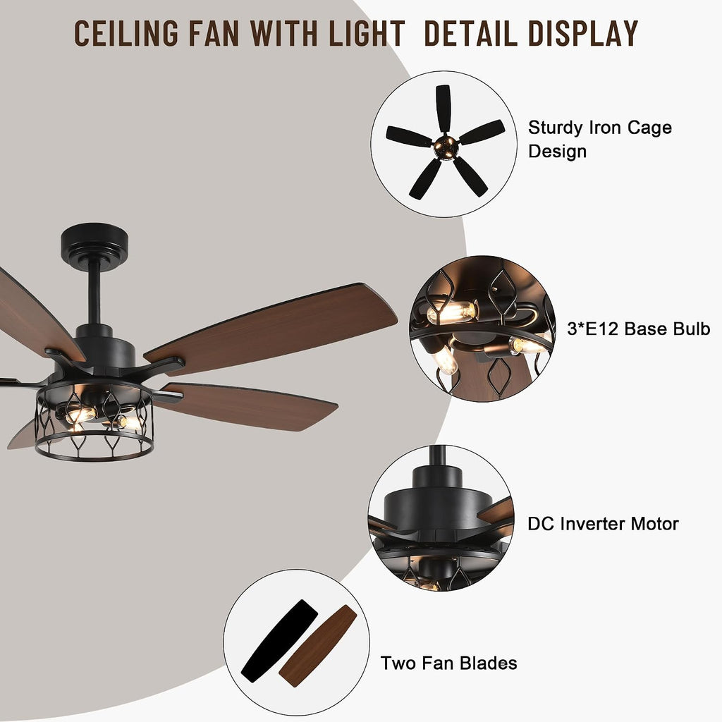 52'' Caged Ceiling Fans with Lights and Remote Control,Reversible DC Motor,5 Double Colour Blades,Rustic Farmhouse Ceiling Fan for Living Room,Dining Room,Bedroom