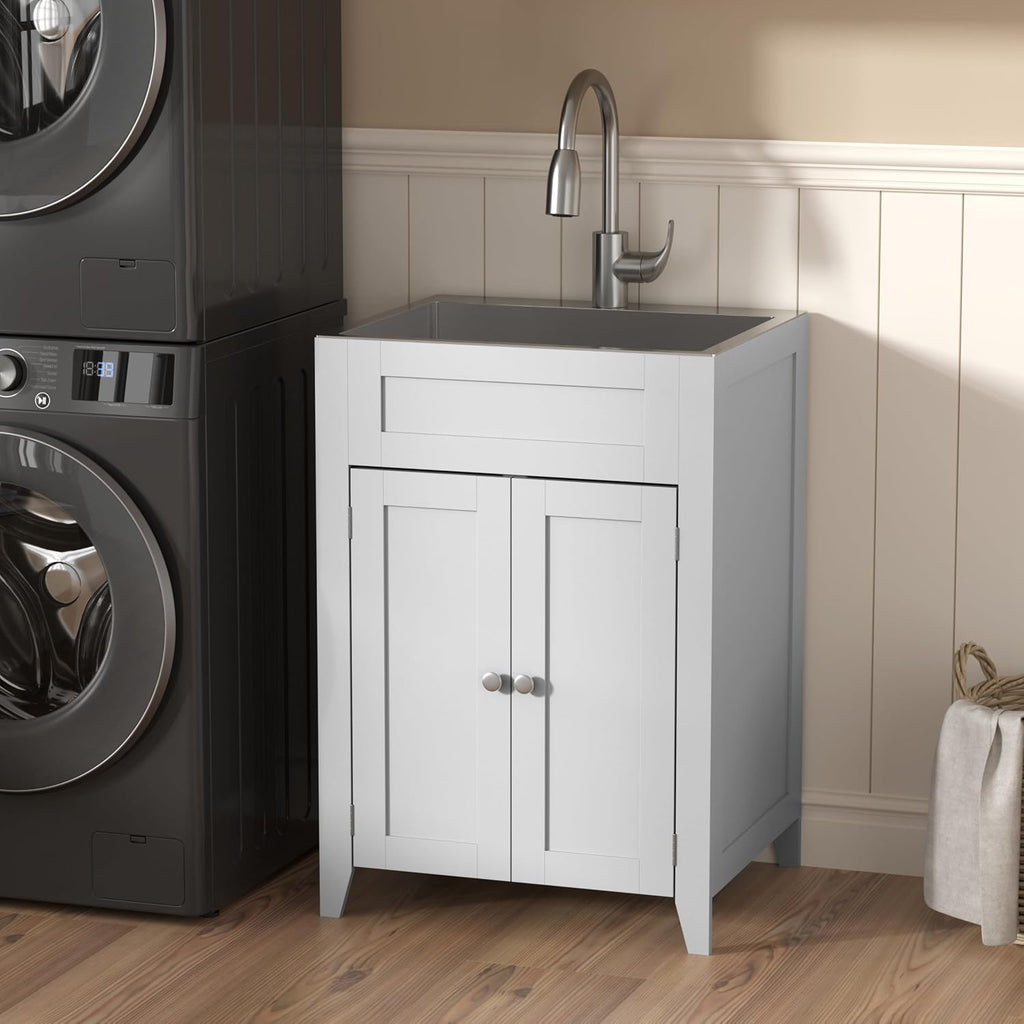 VINGLI 24-Inch Laundry Sink with Cabinet and Pull-Out Sprayer Faucet, Stainless Steel Utility Sink with Cabinet, White Cabinet with Sink for Laundry & Utility Room, Kitchen, Bathroom, Basement