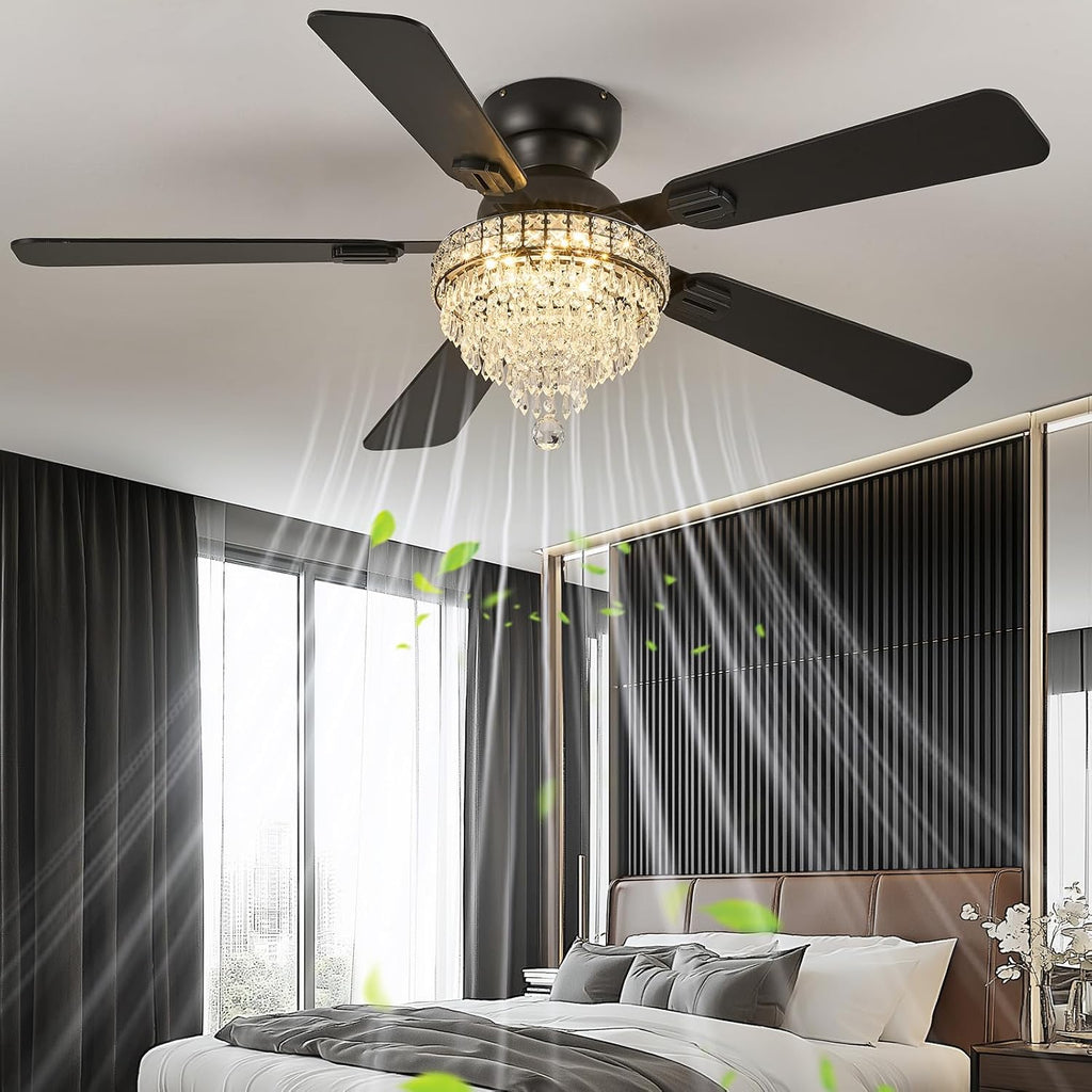 52' Crystal Ceiling Fans with RGB Lights, Remote/App Control, Modern Fandelier Flush Mount, Reversible DC Motor, Dimmable, Noiseless Ceiling Fan for Bedroom, Living Room (Black)
