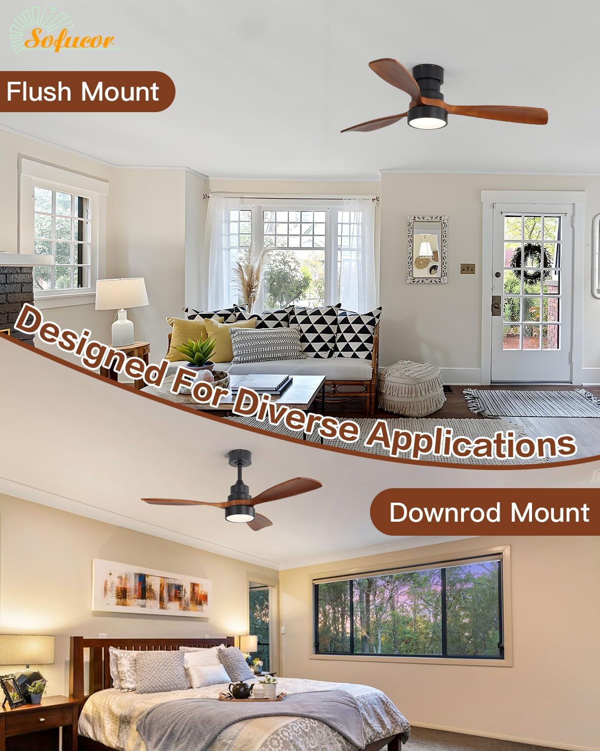 Sofucor 48 Inch Smart Ceiling Fans with Lights-Flush Mount & Downrod Mount Modern Outdoor Ceiling Fans with Alexa/Google Assistant/APP/Remote Control for Bedroom/Farmhouse/Patio, Black & Walnut