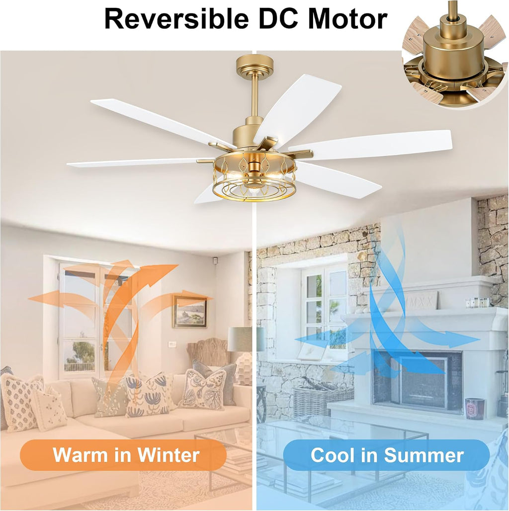 White and Gold Ceiling Fan with Lights 60 Inch Fandelier Ceiling Fan Gold Caged Chandelier Modern Fandeliers with Lights and Remote for Living Room Indoor Outdoor, Reversible 6 Speeds