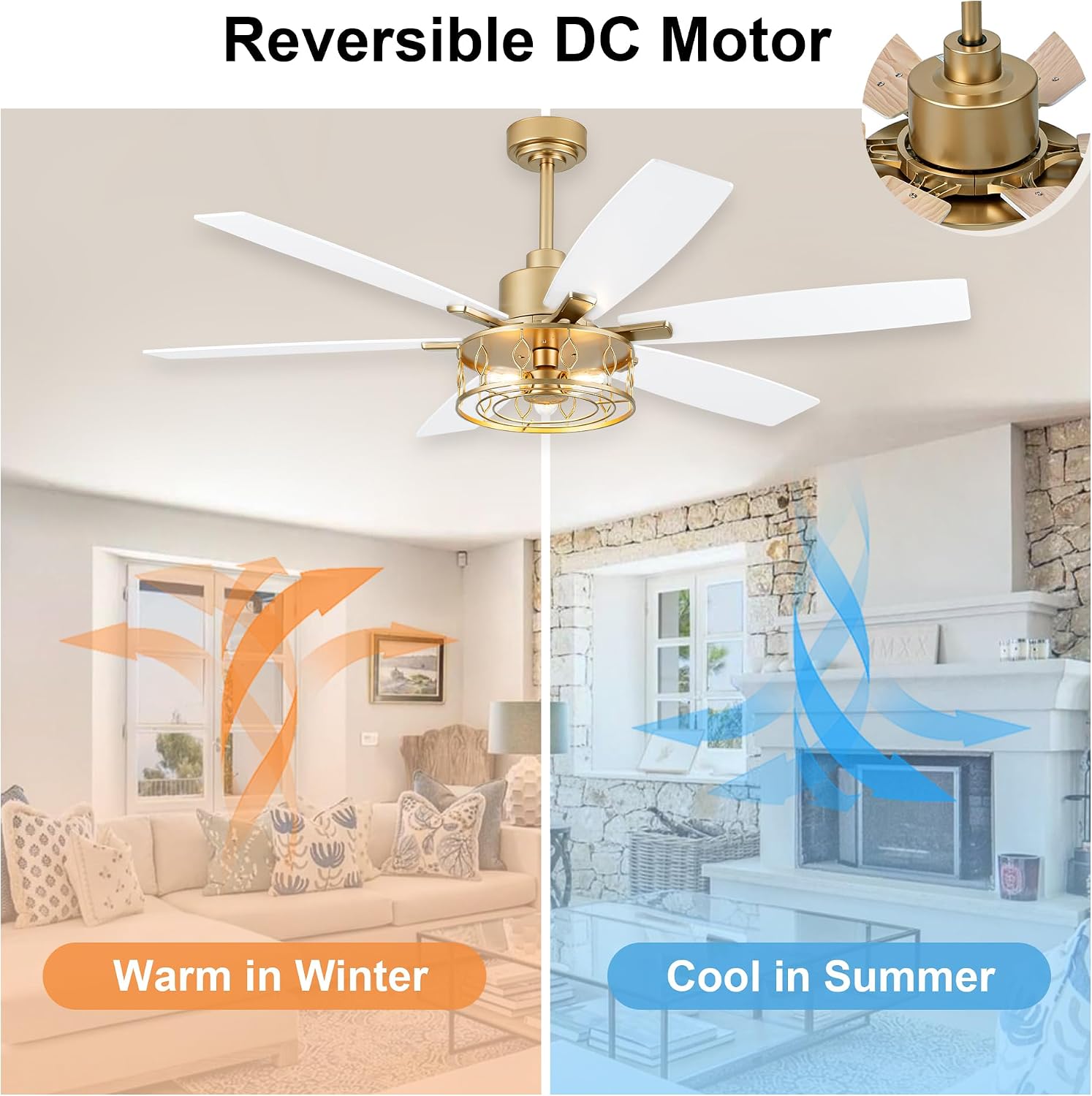 White and Gold Ceiling Fan with Lights 60 Inch Fandelier Ceiling Fan Gold Caged Chandelier Modern Fandeliers with Lights and Remote for Living Room Indoor Outdoor, Reversible 6 Speeds