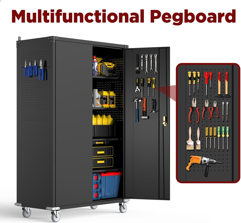 Tall & Wide Metal Garage Storage Cabinet with 4 Adjustable Shelves, 43''W x 22''D x 72''H with Wheels & Pegboards, Heavy Duty Lockable Garage Cabinet for Warehouse, Basement, Office, Gym