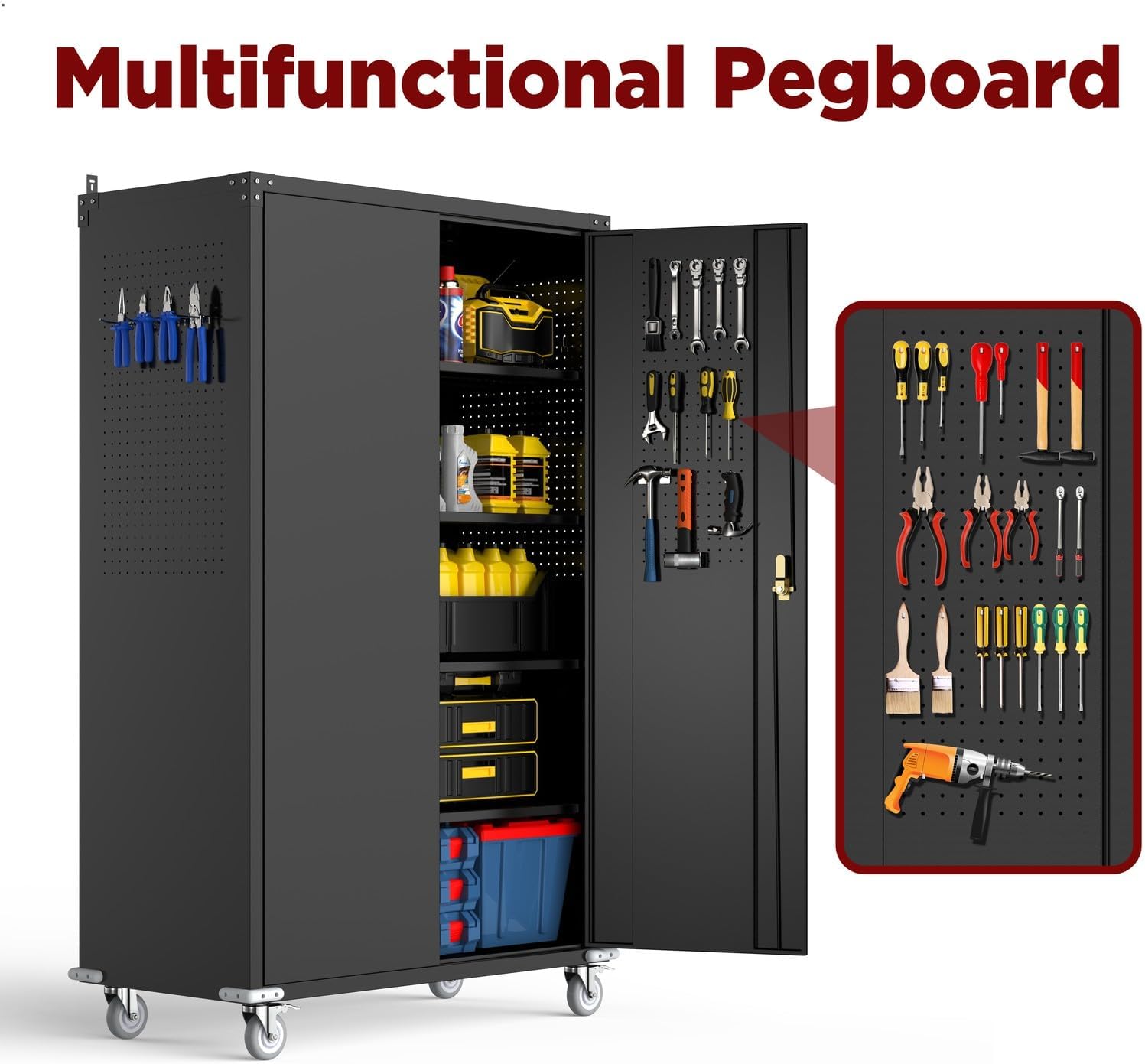 Tall & Wide Metal Garage Storage Cabinet with 4 Adjustable Shelves, 43''W x 22''D x 72''H with Wheels & Pegboards, Heavy Duty Lockable Garage Cabinet for Warehouse, Basement, Office, Gym