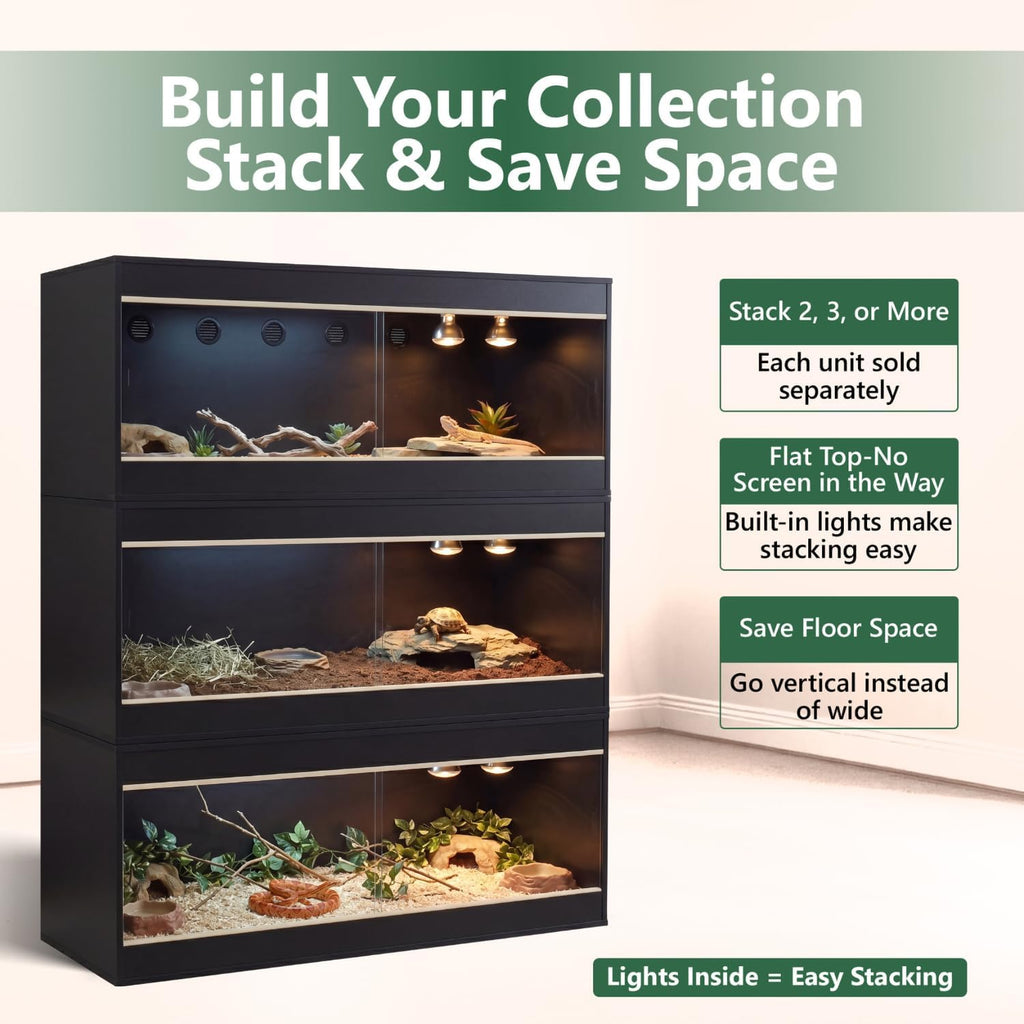 180 Gallon Reptile Enclosure, Made in USA 72' x 24' x 24' Bearded Dragon Tank with Sliding Acrylic Doors, Large Terrarium for Leopard Geckos, Snakes, Lizards & Tortoises - Black
