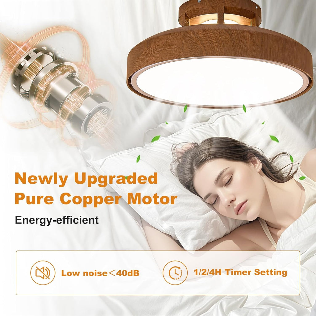 Bladeless Ceiling Fans with Lights and Remote, 18.9' Farmhouse Embedded Ceiling Fan Light, Flush Mount Dimmable LED Chanelier Fan for Bedroom,Walnut Color