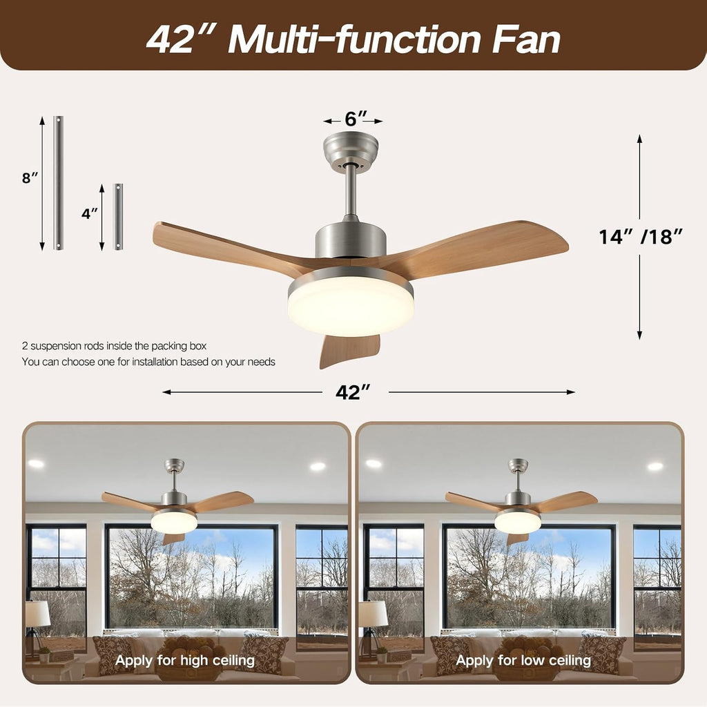 42 Inch Ceiling Fans with Lights, 3 Blades Modern Ceiling Fan with Remote Control, ABS Plastic Wood Grain Fan with Light for Patios, Outdoor, Living Room, Dining Room, Bedroom