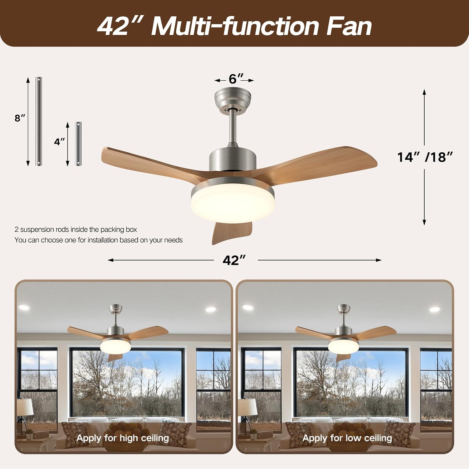 42 Inch Ceiling Fans with Lights, 3 Blades Modern Ceiling Fan with Remote Control, ABS Plastic Wood Grain Fan with Light for Patios, Outdoor, Living Room, Dining Room, Bedroom