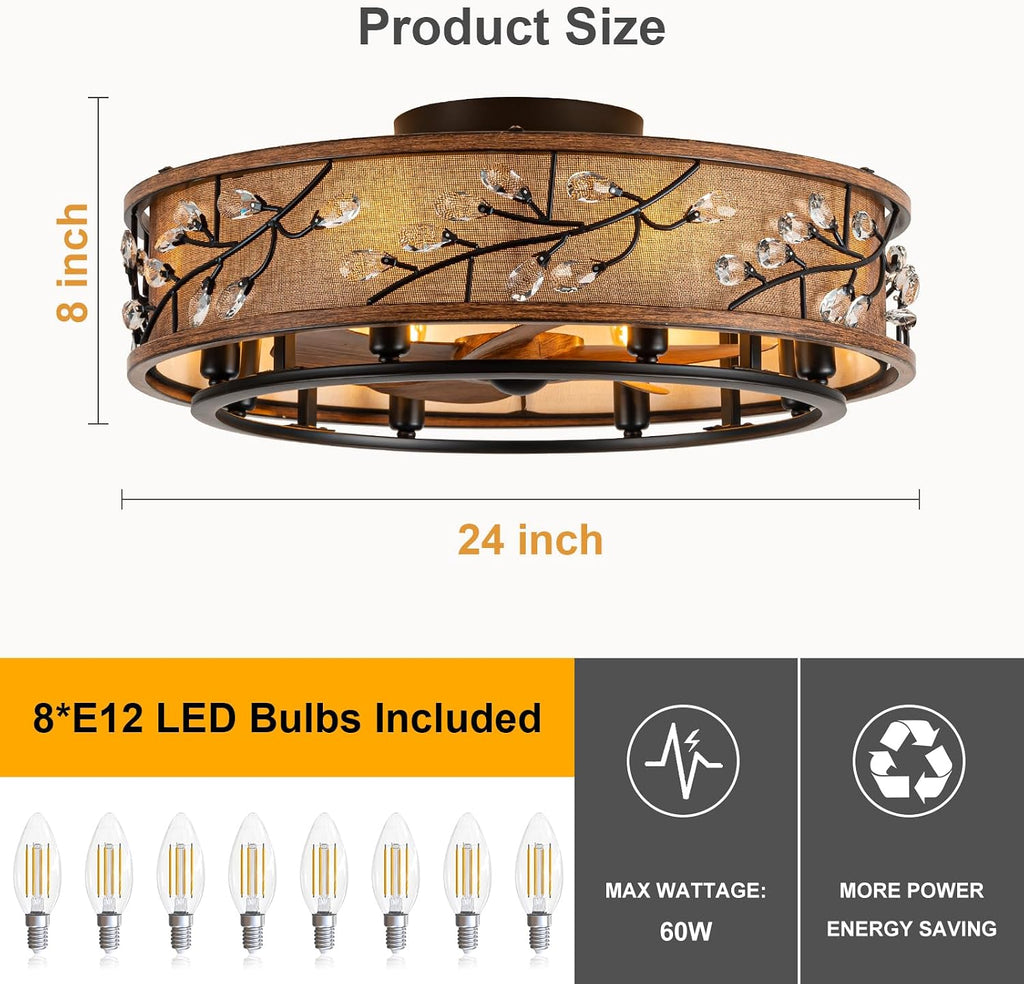 WWM Low Profile Farmhouse Ceiling Fan with Light,24' Rustic Flush Mount Ceiling Fans with Remote, Modern Caged Crystal Ceiling Fans with Lights,Ceiling Lights Fixture with Fan (8 E12 Bulb Includ)