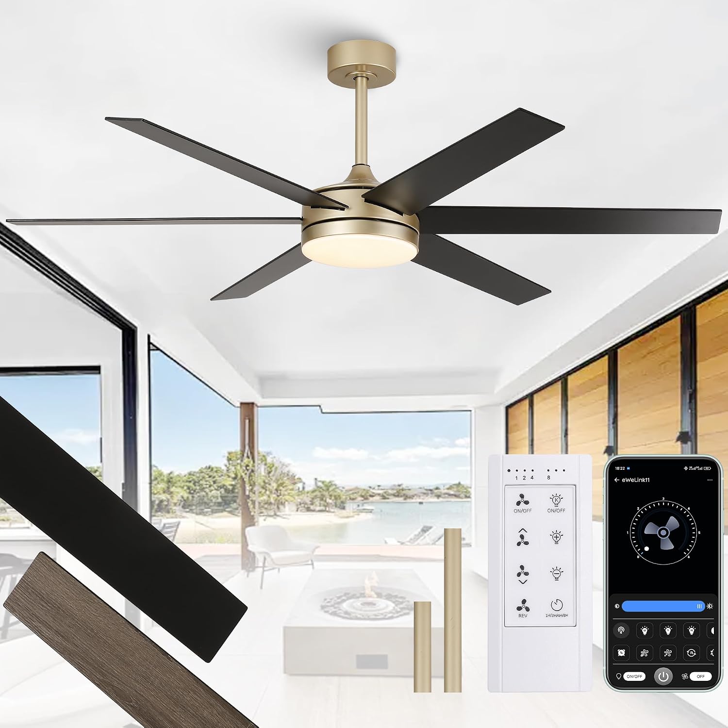 60 Inch Modern Ceiling Fan, Gold Ceiling Fan with Lights and Remote App Control, 6 Reversible Blades, Dimmable, 3CCT, App Control, 6 Speeds, Quiet Large Ceiling Fan for Bedroom Living Room