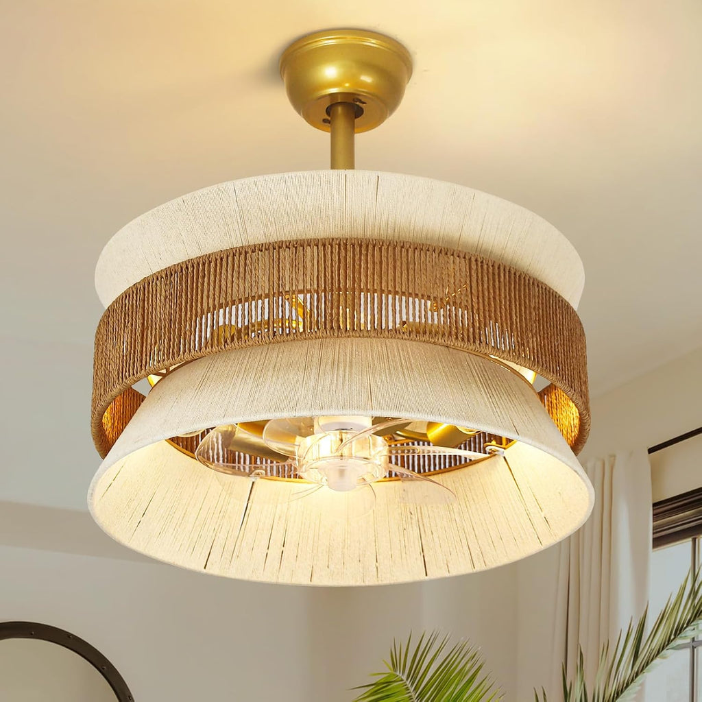 Boho Fandelier Ceiling Fan with Light，Gold Rattan Chandelier Fan Remote Caged Fandelier Ceiling Fan for Bedroom,Nursery,Foyer,Kitchen and Living Room，6 Speeds Timing Adjustment Height Enclosed,20Inch