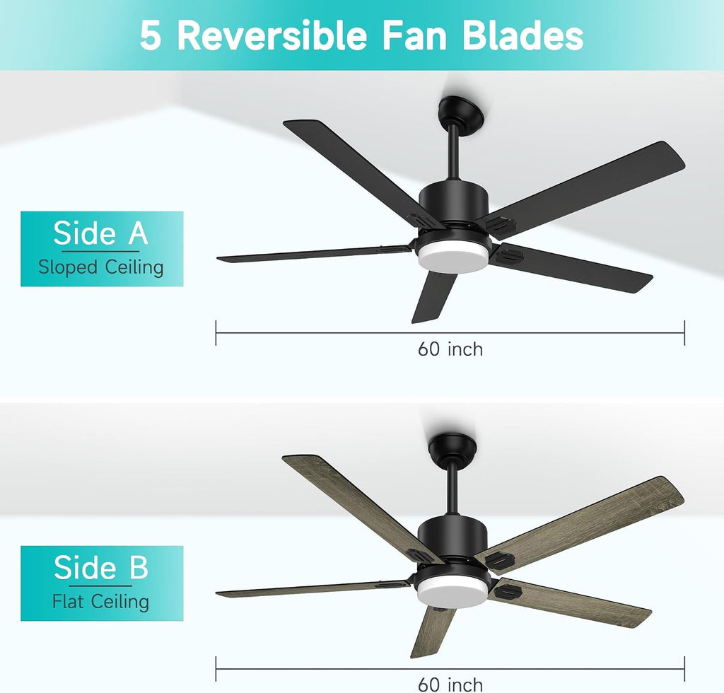 Obabala 60 Inch Ceiling Fan with Light,Ceiling Fans with Remote Indoor Outdoor DC Motor Black Ceiling Fan with Light LED for Patios,Garage,Dining Room, Bedroom, Kitchen, Living Room, Farmhouse