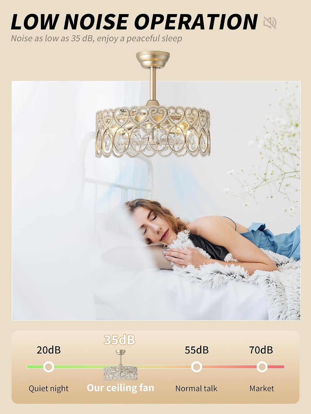 SYDACG 20' Gold Crystal Fandelier Ceiling Fans with Lights, Gold Chandelier Ceiling Fan with Light Remote Control, Mid-Century Modern Caged 6 Speeds for Bedroom, Nursery, Foyer, Living Room