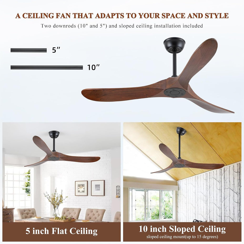Walnut Wood 52' Ceiling Fan, No Light, 6-Speed, Reversible 3 Blades, Timed Shutdown, Silent DC Motor, for Bedroom, Porch and Living Room