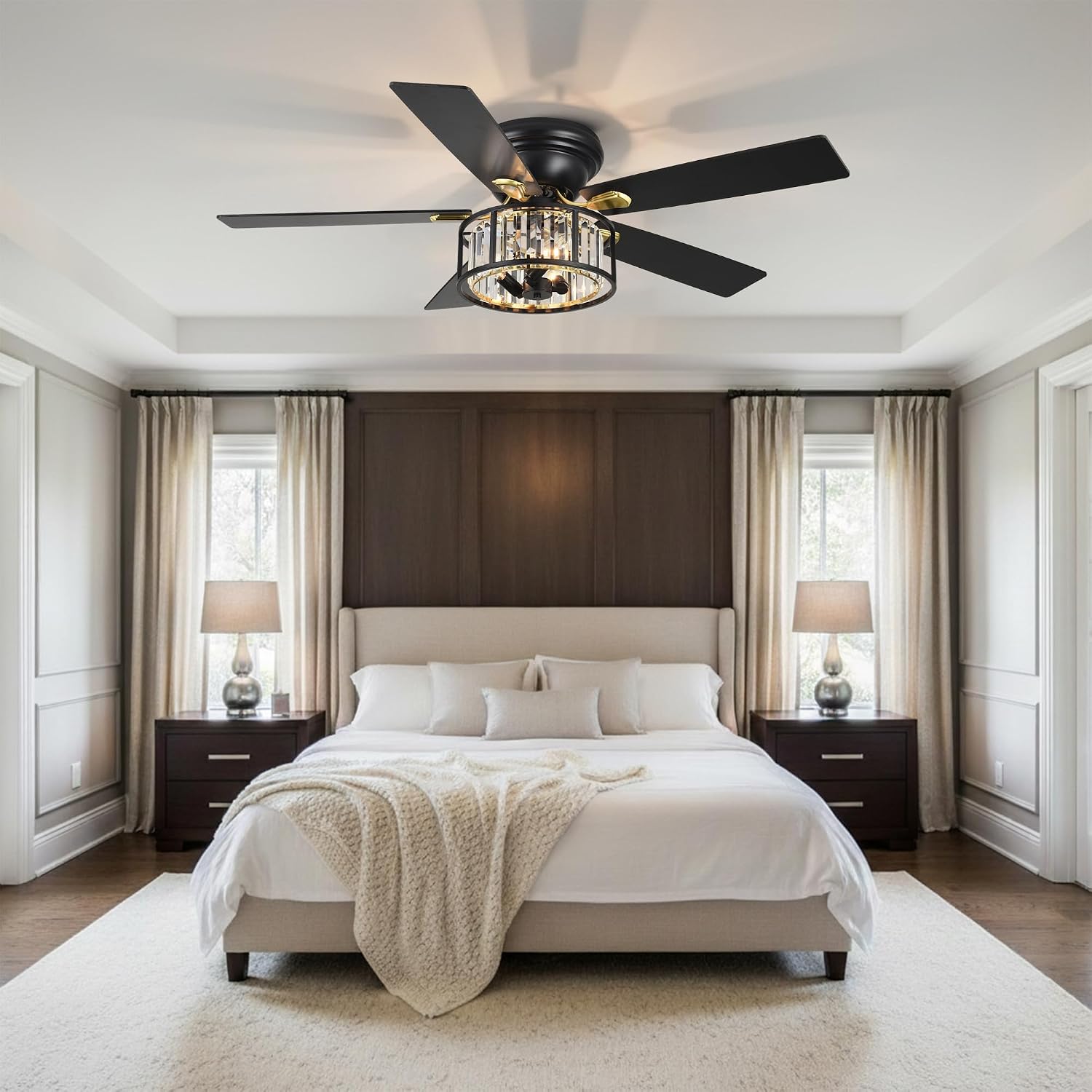 52' Crystal Farmhouse Ceiling Fan with Lights and Remote,Flush Mount Ceiling Fan,Chandelier with 5 Reversible Blades,3 E12 Base Lights,Quiet Motor for Living Room,Dining Room,Bedroom