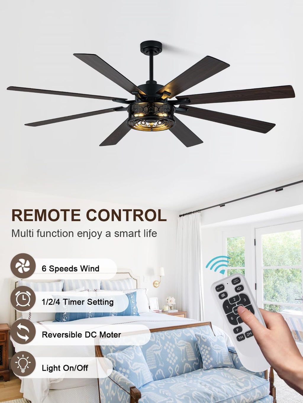 72 Inch Farmhouse Ceiling Fan with Lights and Remote Large Rustic Ceiling Fan Black Caged Fandelier Industrial Chandelier Light, Reversible Quiet DC Motor 6 Speed for Indoor Outdoor