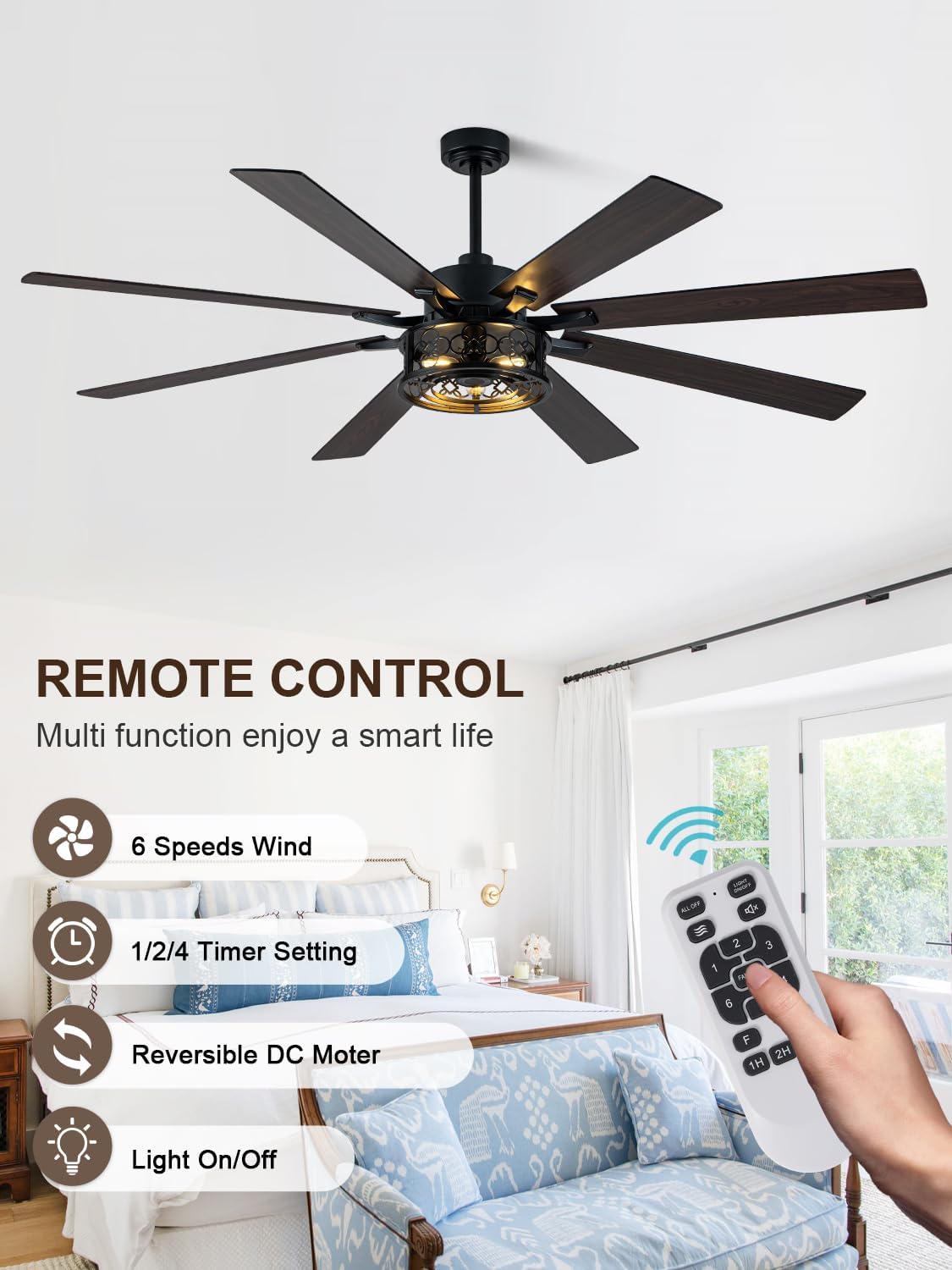 72 Inch Farmhouse Ceiling Fan with Lights and Remote Large Rustic Ceiling Fan Black Caged Fandelier Industrial Chandelier Light, Reversible Quiet DC Motor 6 Speed for Indoor Outdoor