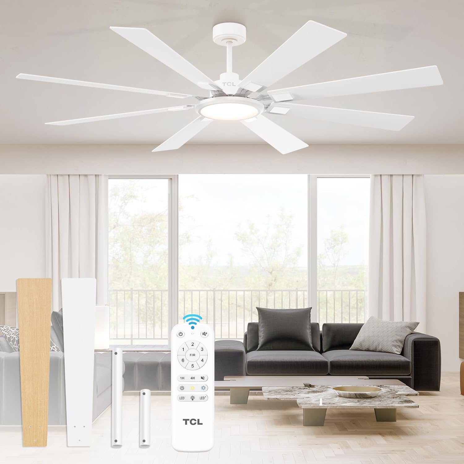 TCL Ceiling Fans with Lights and Remote: 8 Blades, Quiet Reversible DC Motor, Dimmable Super Bright LED, Noiseless Large Modern Fan for Room, Outdoor, Commercial and Industrial Use (White, 62 Inch)