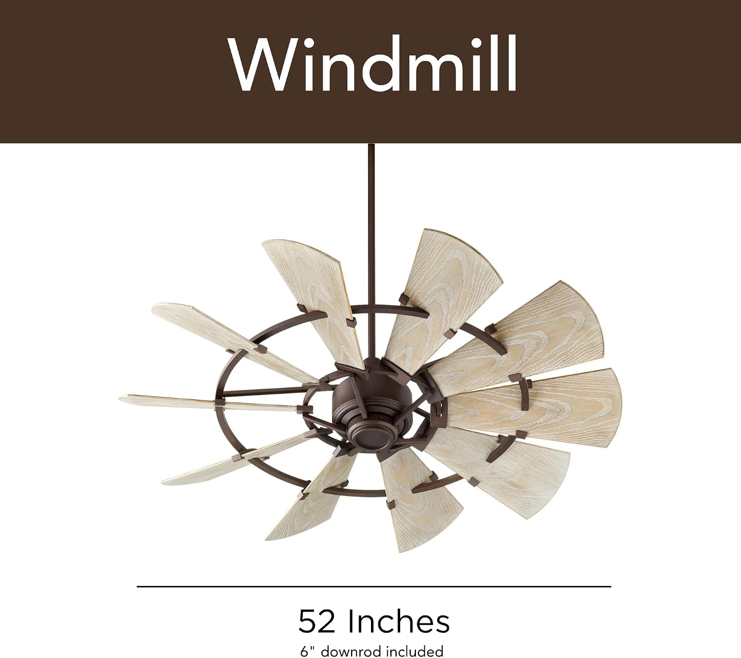 Quorum 94410-86 Windmill 44 Inch Ceiling Fan | 10 Blade Wagon Wheel Design | 6 Speed Reversible DC Motor | Remote Control Included | Dry Rated Ceiling Fan | Weathered Oak Blades | Oiled Bronze Finish