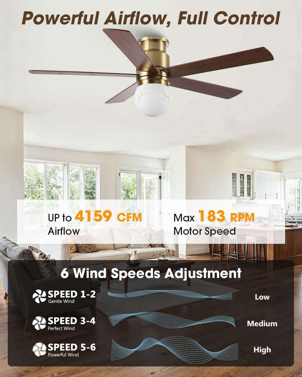 Parrot Uncle Flush Mount Ceiling Fan with Lights, 52 Inch Gold Ceiling Fan with Remote for Bedroom Living Room Kitchen, 6 Speeds, 3 CCT LED Light,Timing and Memory Function, 5 Blades
