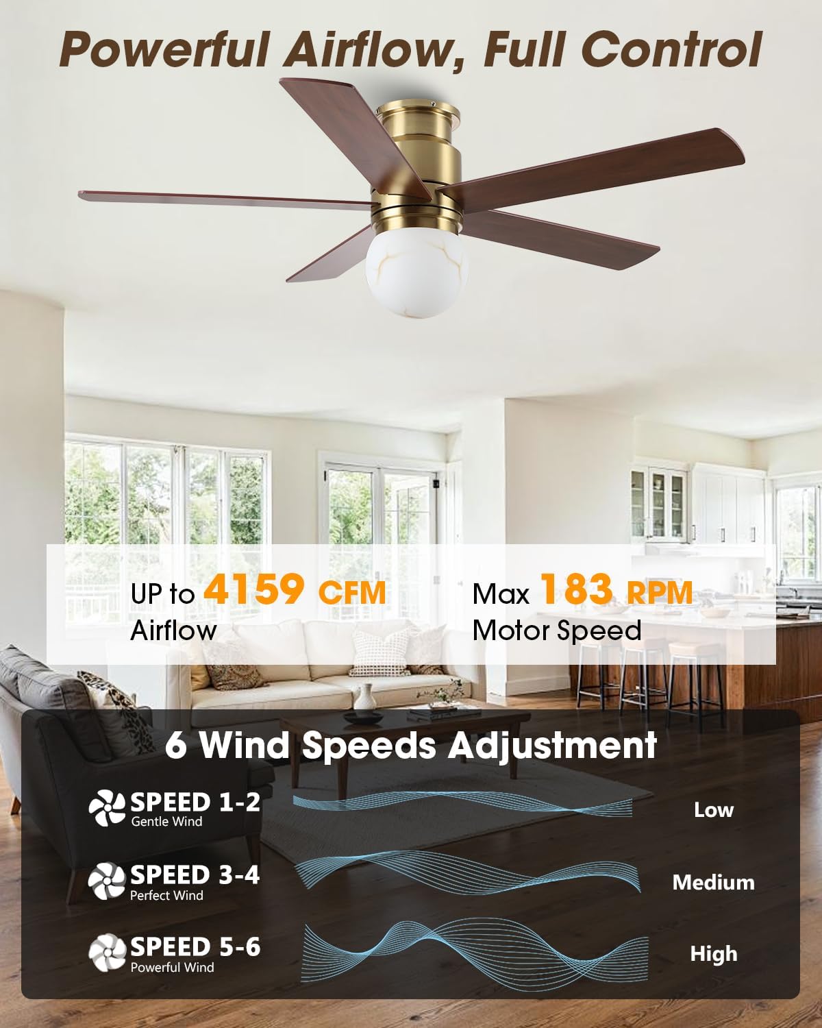 Parrot Uncle Flush Mount Ceiling Fan with Lights, 52 Inch Gold Ceiling Fan with Remote for Bedroom Living Room Kitchen, 6 Speeds, 3 CCT LED Light,Timing and Memory Function, 5 Blades