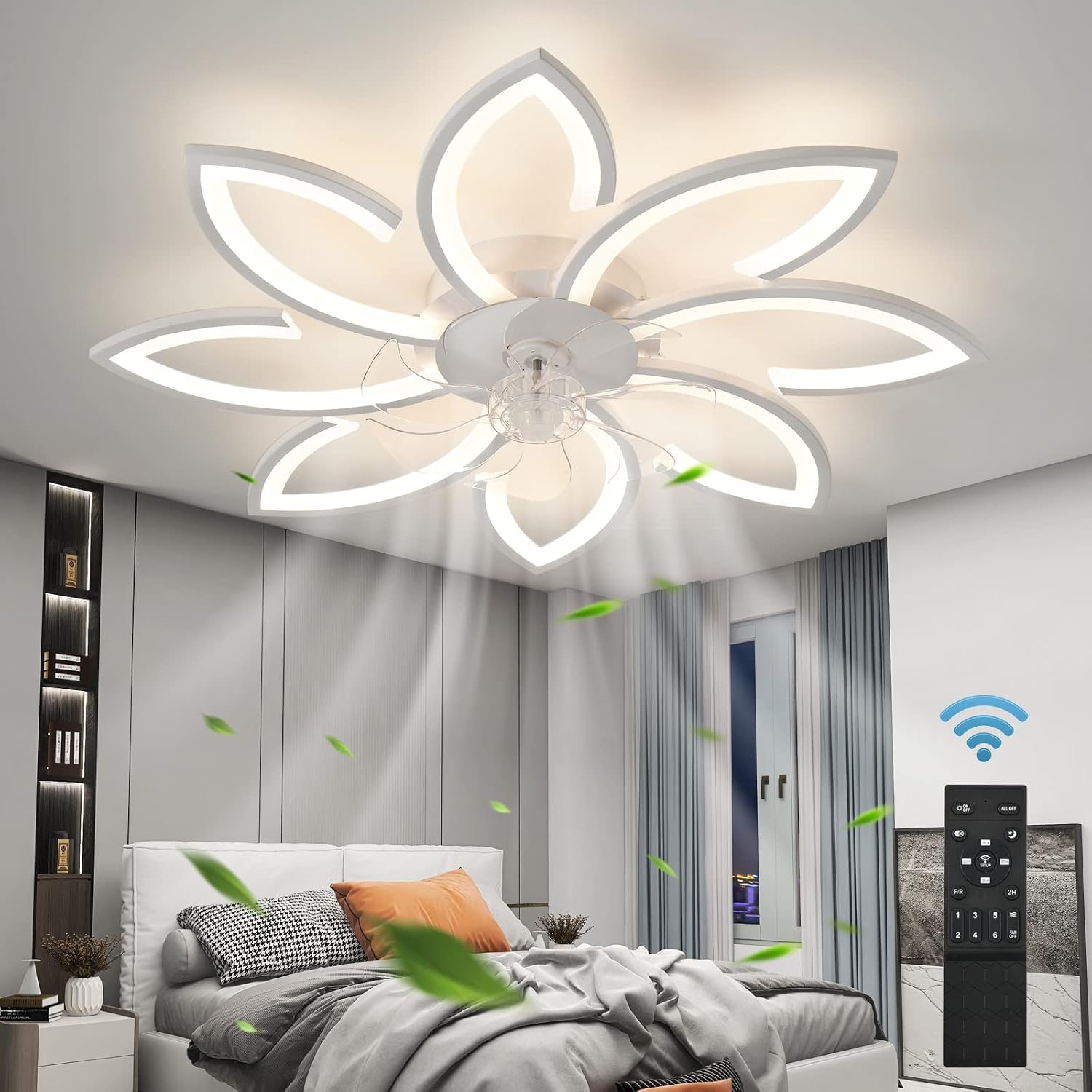 35' Geometric Ceiling Fan with Light Remote Control, 6 Speeds 3 Colors, White Low Profile Flush Mount Ceiling Fan for Kitchen Bedroom Living Room