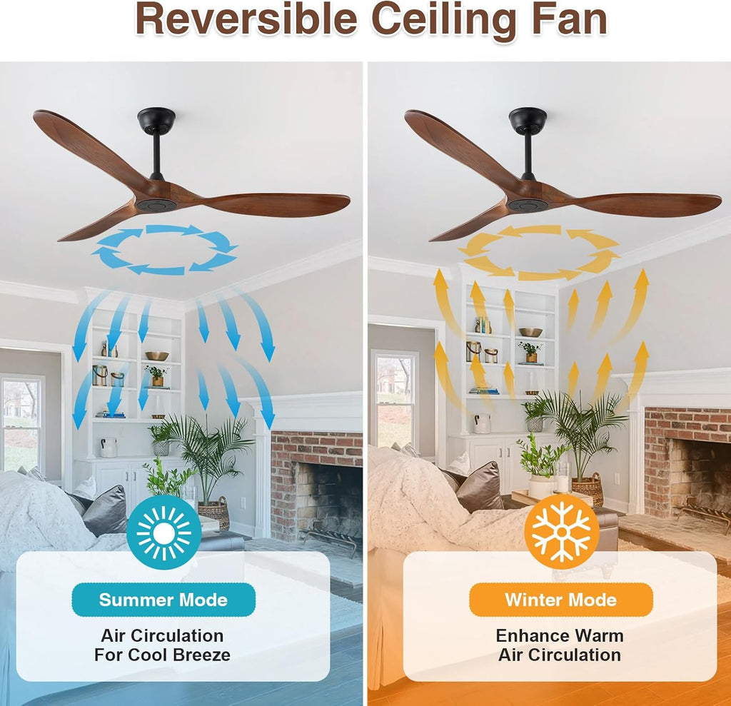 60 inch Ceiling Fan Without Light, Ceiling Fan no Light with Remote Control and Quiet DC Motor, Outdoor Ceiling Fans for Patios Without Lights, Solid Wood 3 Blades, ETL Listed- Walnut Wood