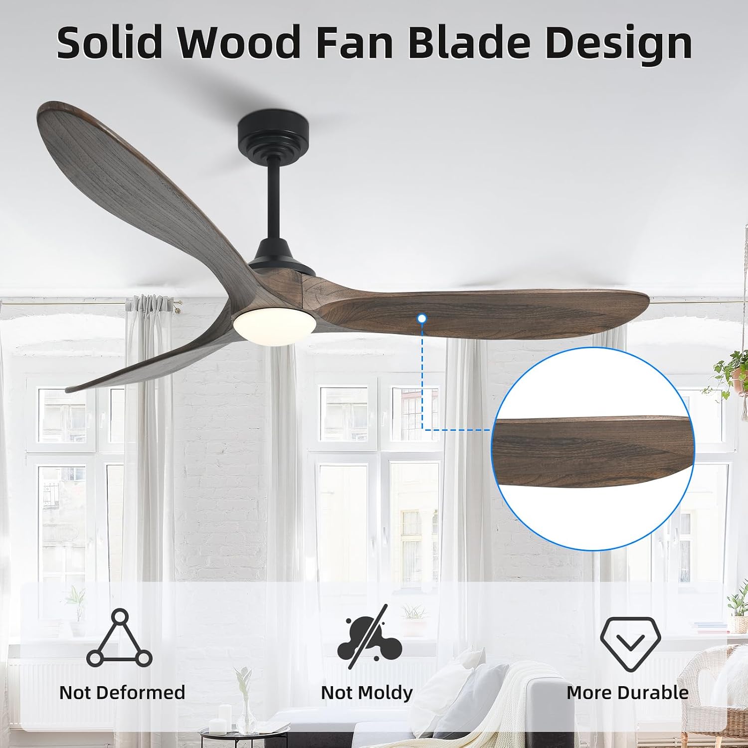 60' Outdoor Ceiling Fan with Light 3 Downrods, Smart Wood Ceiling Fan Compatible with Alexa/Google/App, 3 Blades Modern Walnut Wood Ceiling Fans for Kitchen Living Room Patio,Dark Brown