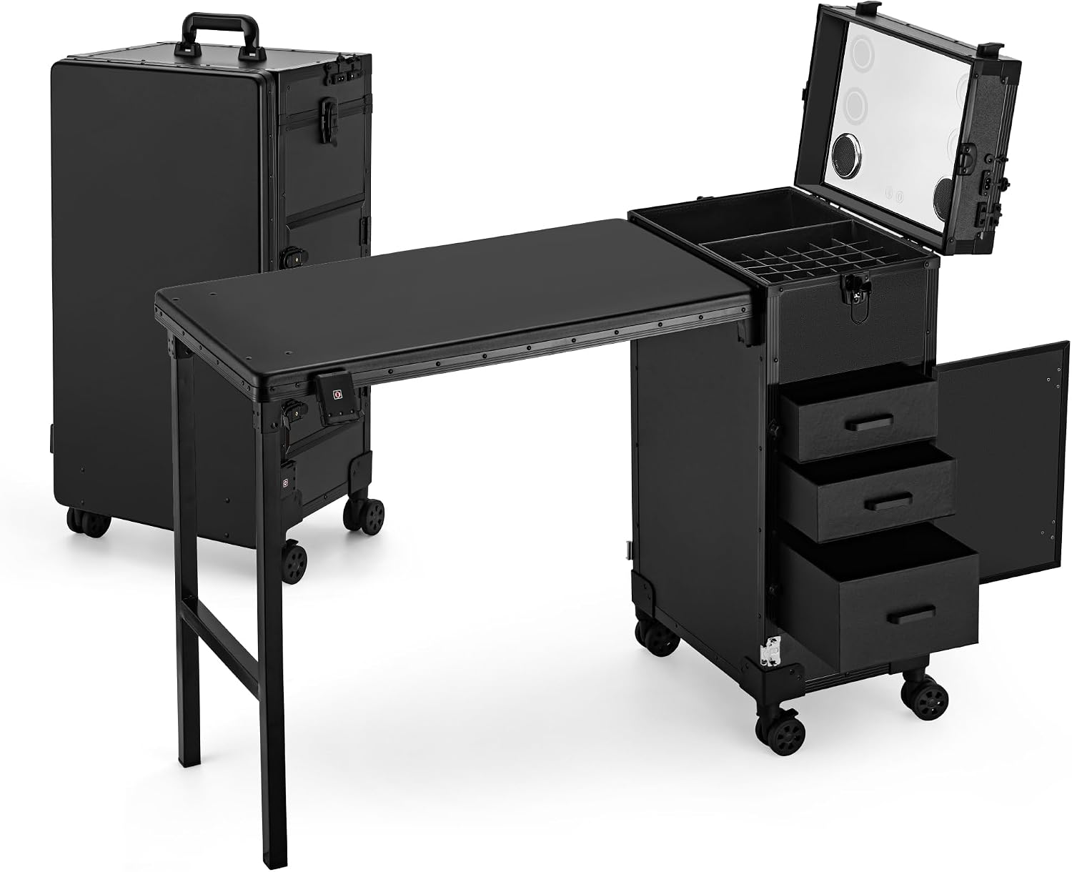 Portable Manicure Table 3 Drawers, Rolling Lockable Makeup Train Case with Blueteeth Speaker and Nail Polish Organizer, Foldable Nail Desk with Mirror & TSA Lock for Nail Tech and Salon Use