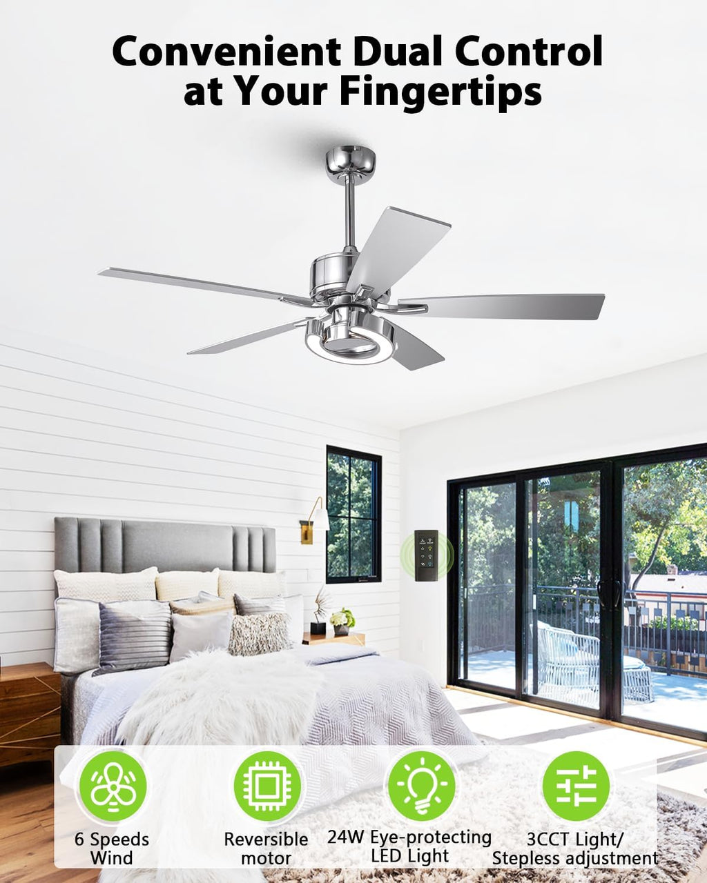52 Inch Silver Ceiling Fans with Lights, Creative Modern Ceiling Fan and Remote for Bedroom Living Room with 3CCT, 6 Speeds, Quiet, Dual-Sided Reversible 5 Blades Indoor Outdoor Chandelier Fan