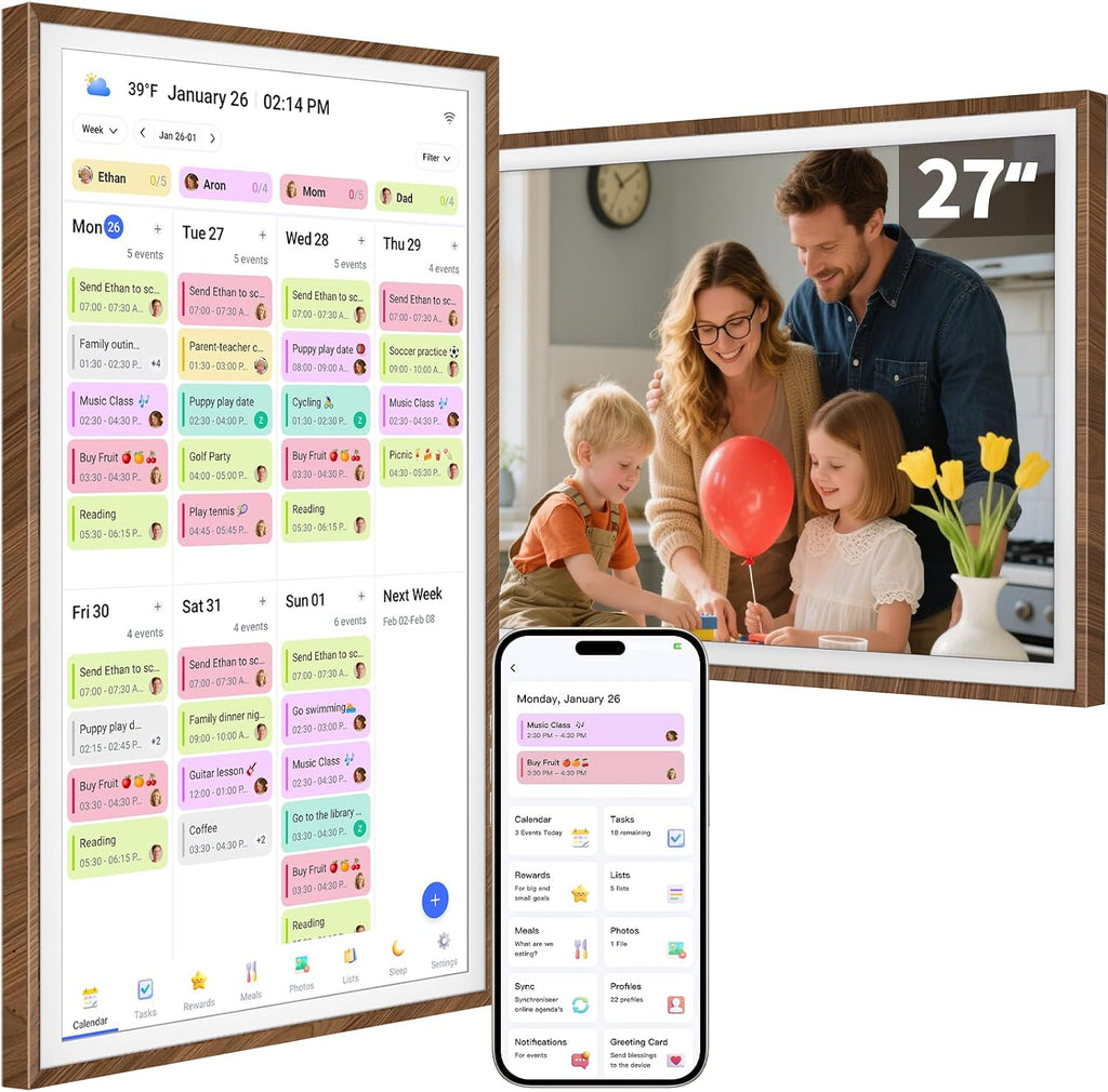 27 Inch Digital Calendar Chore Chart with Touchscreen - Full HD Interactive Display, Wall & Desk Mountable Family Planner, to-Do List & Meal Planner, Digital Picture Frame Gifts for Women Mom
