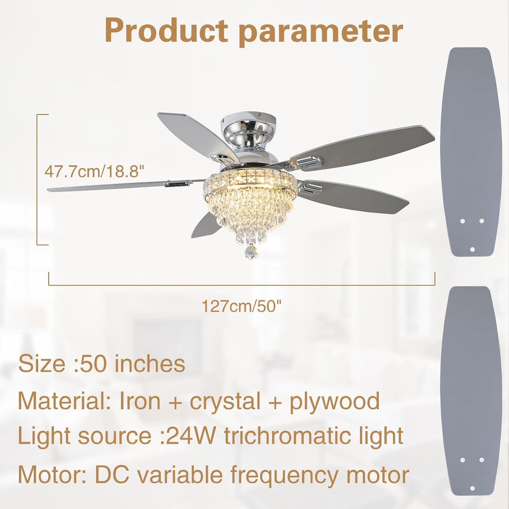 Crystal Ceiling Fan Fandelier with Lights-Ceiling Fans,50' Low Profile and Remote Control, Flush Mount, Reversible, Dimmable, Noiseless,Ceiling Fan for Bedroom（Chrome）