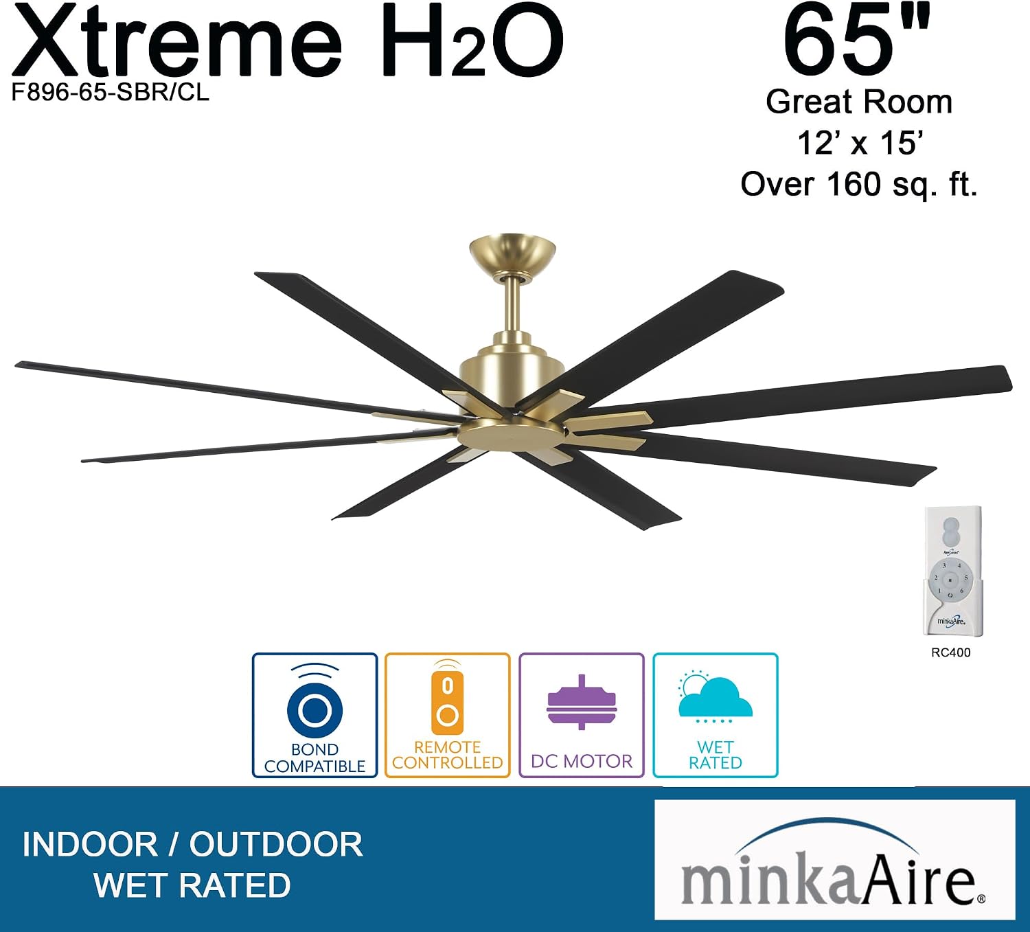 MINKA-AIRE F896-65-SBR/CL Xtreme H2O 65 Inch DC Motor Outdoor Ceiling Fan with Remote Control in Soft Brass Finish with Coal Blades