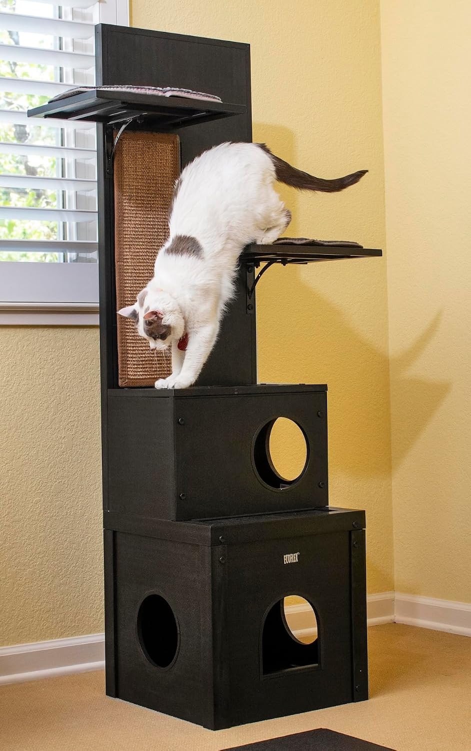 New Age Pet ECOFLEX Kitty Climber Cat Tree with 2 Cubes, 2 Shelves, Sisal Scratch Pad, 60' Tall, Moisture and Odor Resistant Indoor Cat Furniture, Espresso Black