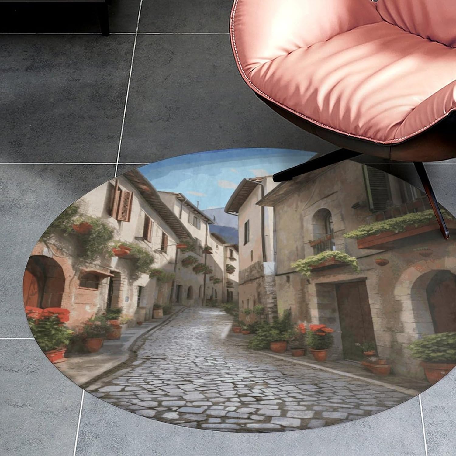 Italian Town Street Coral Velvet Round Floor Mat Non-Slip Bath Rug Floor Covering for Bathroom Vanity Guest Suite & Vacation Home
