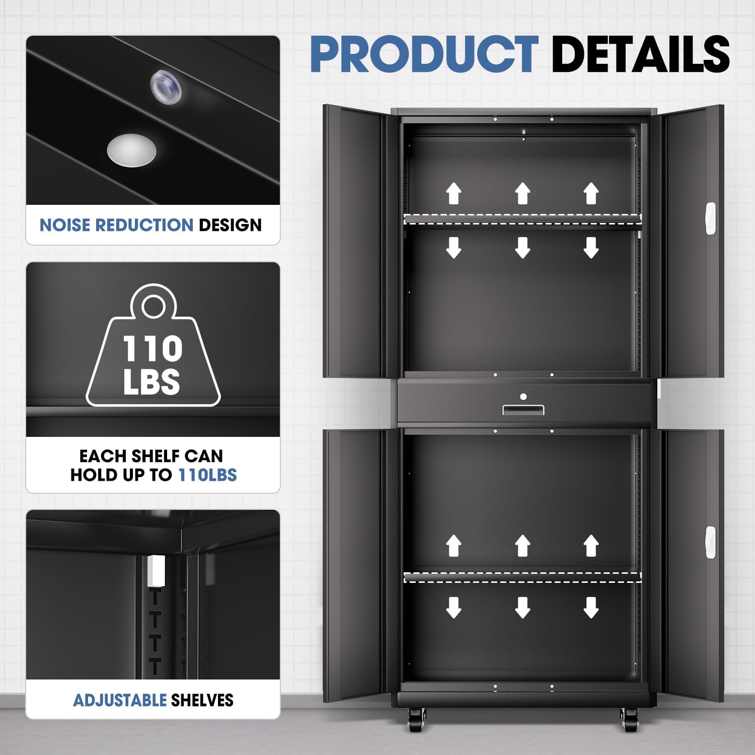 DNA Motoring 73'' Metal Storage Cabinet, Rolling Garage Cabinet with 1 Drawer and Adjustable Shelves, Lockable Heavy Duty Metal Locker for Garage,Office,Home,Gym, Black, TOOLS-00630-BK-BK-A