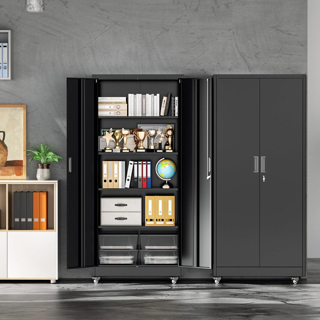 INTERGREAT Metal Storage Cabinet with Wheels, 73' Garage Storage Cabinets with Door and 4 Shelves, Tool Storage Locker on Caster for Home, Office, Black