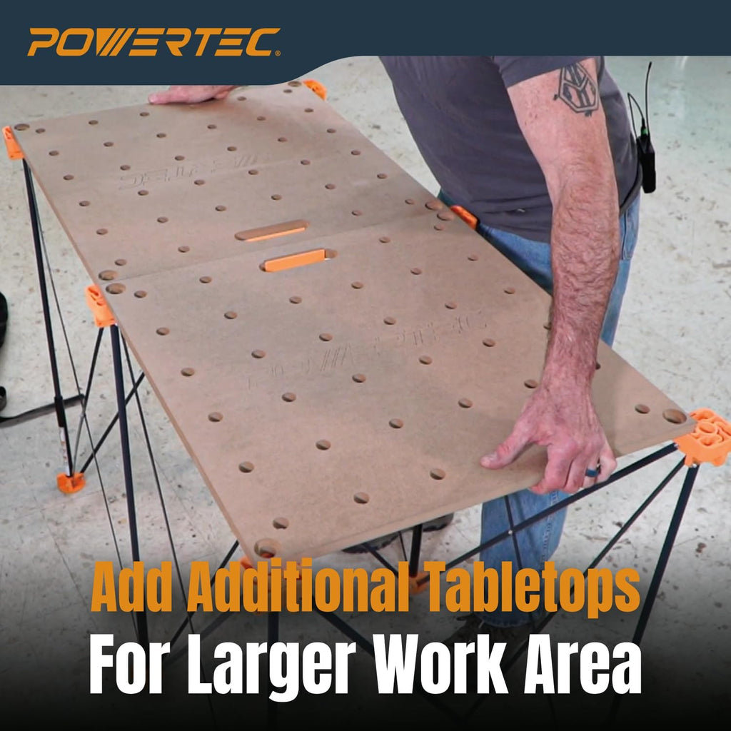 POWERTEC 72303 Arachni Flex 24' x 48' Foldable Workbench Tabletop w/2PCs Bench Dog Clamps for 3/4' Dog Holes- Portable Work Surface w/Pre-drilled Dog Holes & Quick-Insert Locks for Workstand