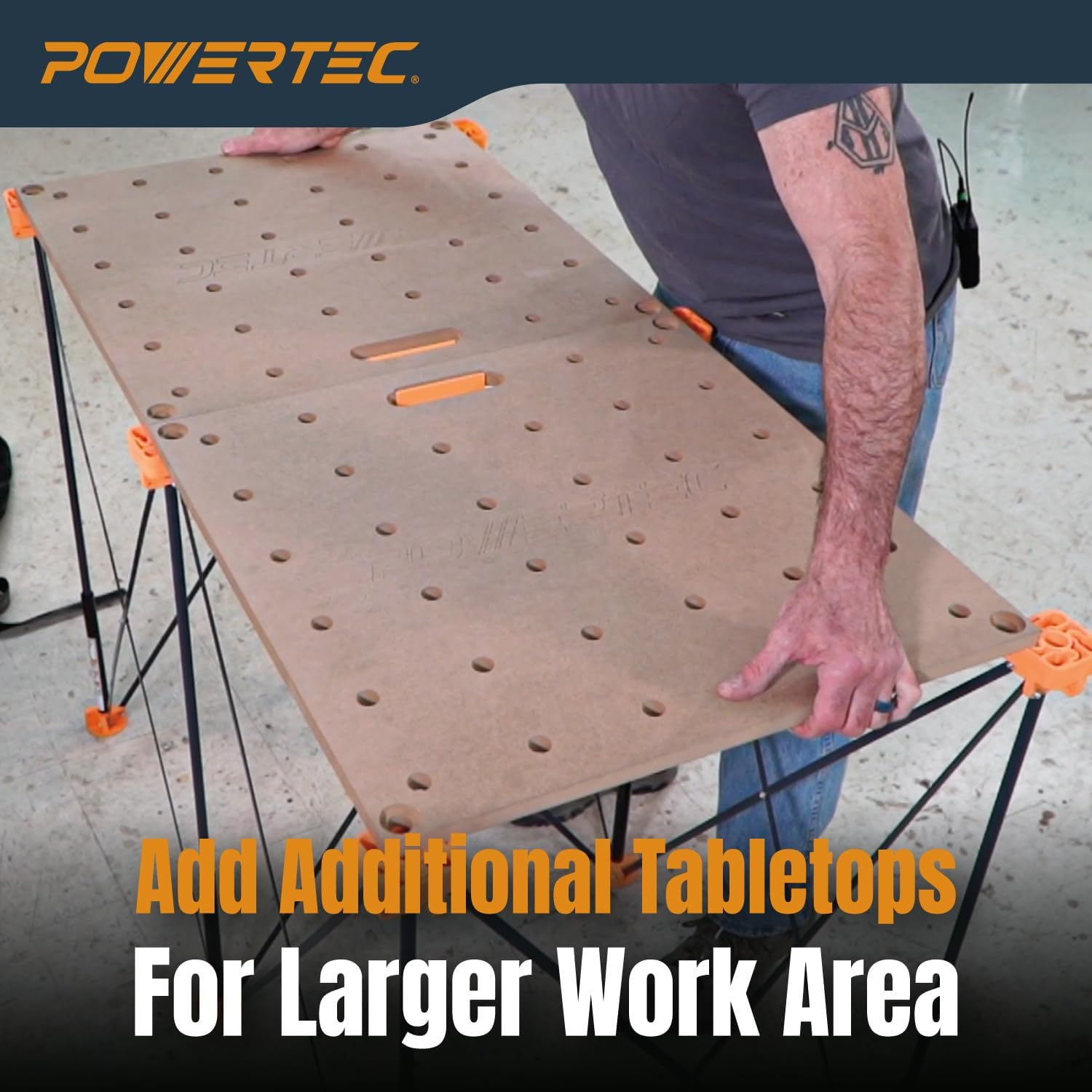 POWERTEC 72303 Arachni Flex 24' x 48' Foldable Workbench Tabletop w/2PCs Bench Dog Clamps for 3/4' Dog Holes- Portable Work Surface w/Pre-drilled Dog Holes & Quick-Insert Locks for Workstand