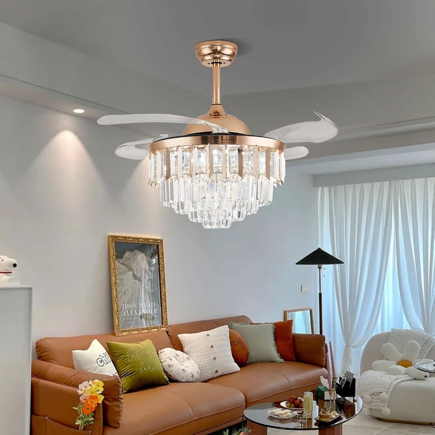 Crystal LED Ceiling Fans with Lights and Remote Controller 42 Inches Modern Fandelier Ceiling Lighting Fixture Crystal Fan Light Kit for Bedroom Dinning Room Living Room (Gold)