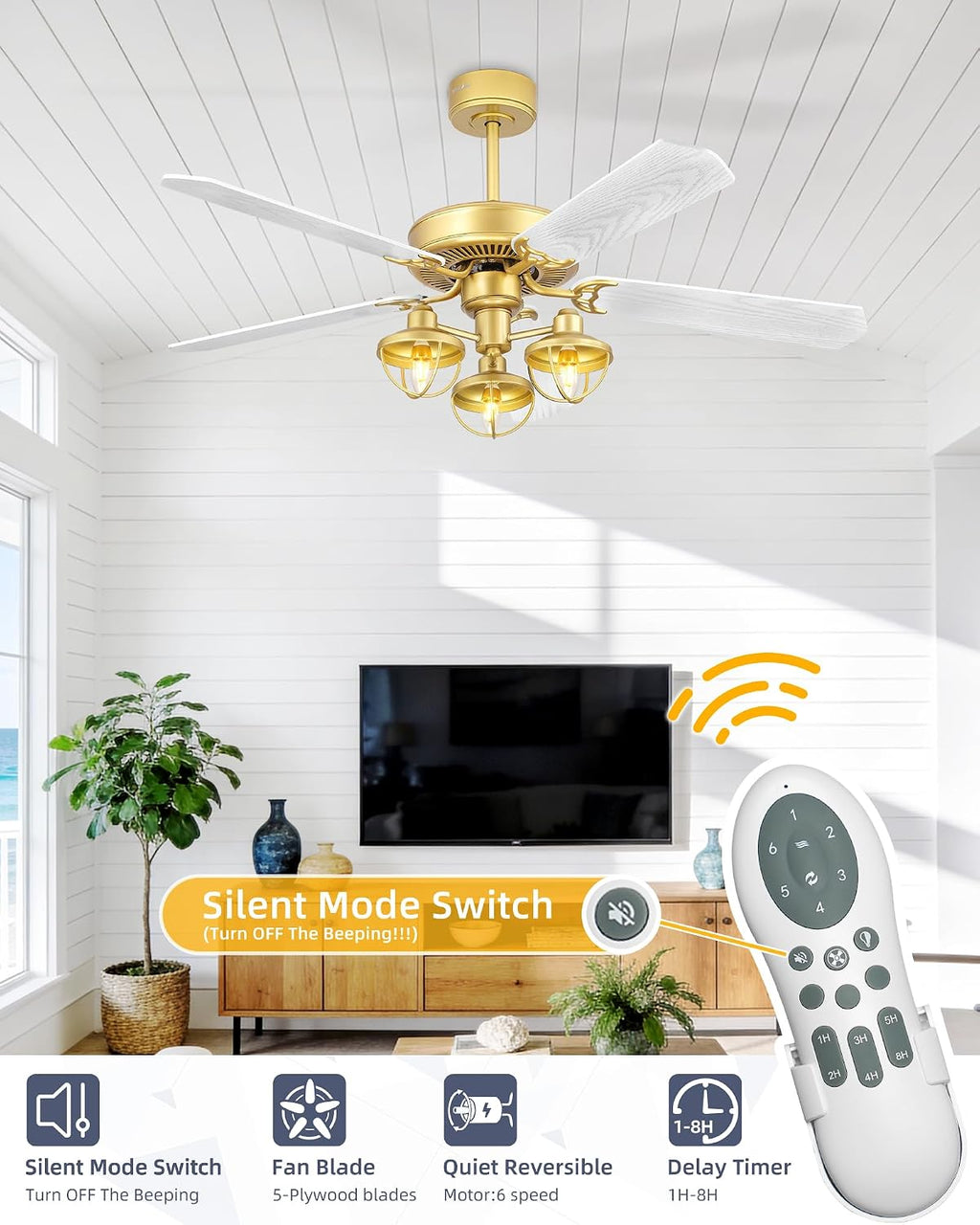YOUKAIN Farmhouse Wooden Ceiling Fans, 52 Inch Industrial Ceiling Fan with 3 Lights and Remote Control, 5-Reversible Blades Indoor/Outdoor, Gold/Wood Finish, 52-YJ631-GD