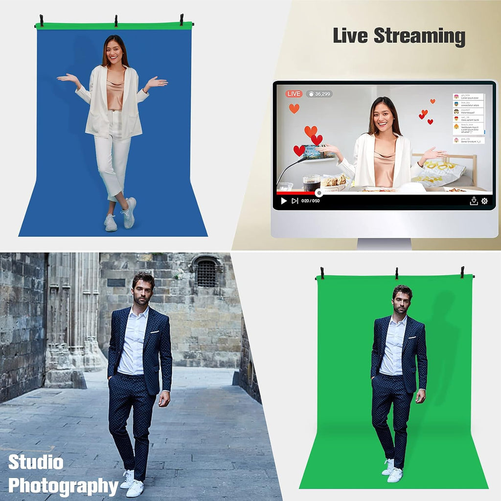 Andoer 5x7ft Green Screen Blue Screen Backdrop Double-Sided Chromakey Background Photography Kit with 5x7ft T-Shaped Background Adjustable Stand 3 x Spring Clamps