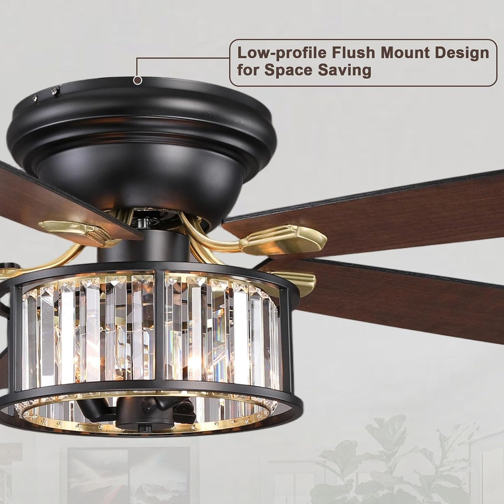 Bella Depot 52' Black Flush Mount Ceiling Fan, Caged Crystal Chandelier Fan with Light (No Bulbs Included), Quiet DC Motor for Dining Living Room Bedroom