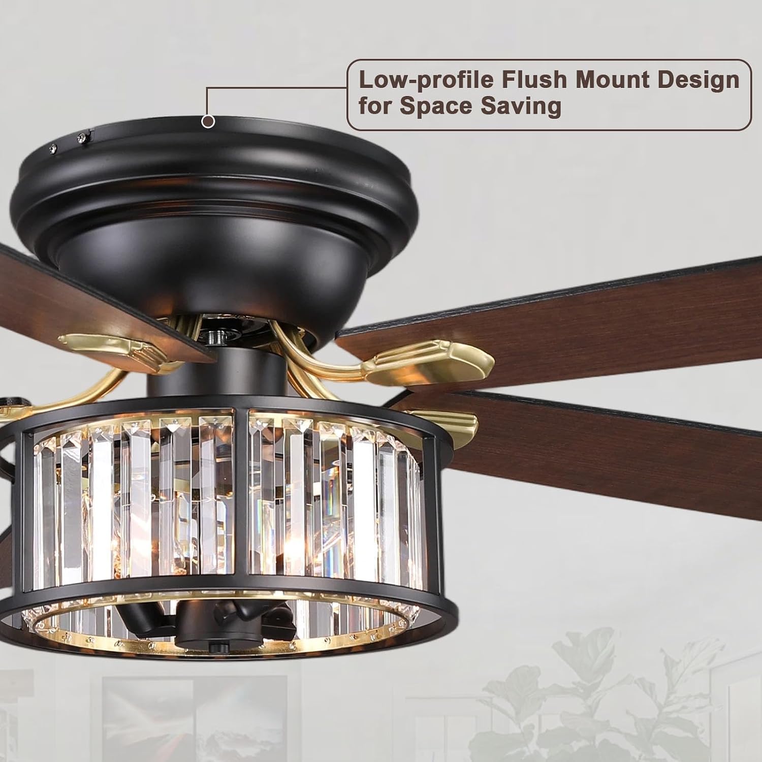 Bella Depot 52' Black Flush Mount Ceiling Fan, Caged Crystal Chandelier Fan with Light (No Bulbs Included), Quiet DC Motor for Dining Living Room Bedroom