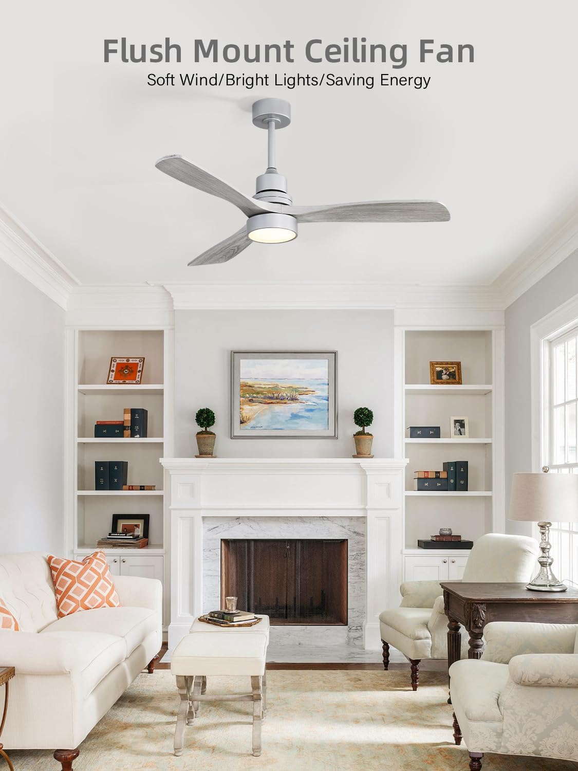 Sofucor 52 Inch Smart Ceiling Fans with Lights and Alexa/Google Assistant/APP/Remote Control-Modern Solid Wood Outdoor 3 Blades Ceiling Fan for Bedroom Living Room Indoor Farmhouse Patio, Silver Grey
