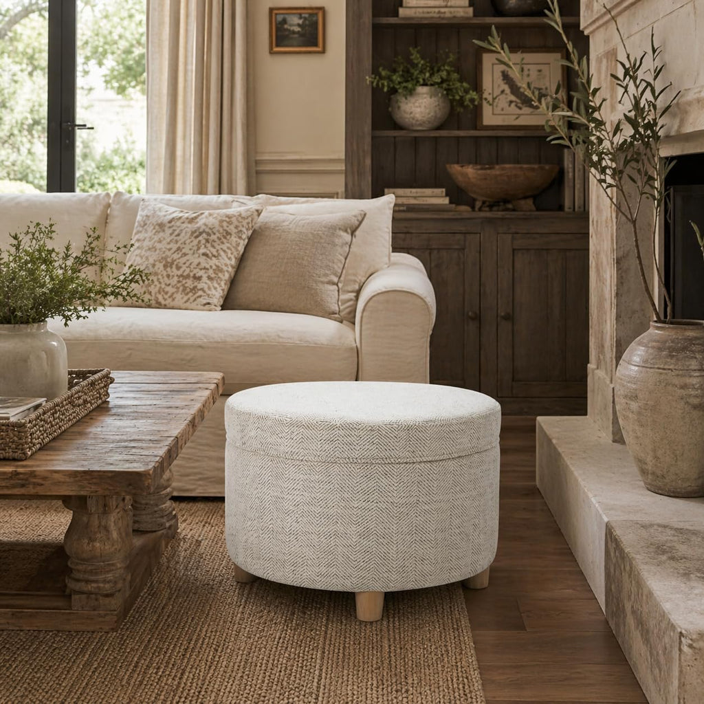 HomePop 24' Large Round Storage Ottoman - Cream Chevron Woven